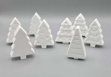 Deko Set 8 Tannenbäumchen mit verschiedenen Motiven - Frontalansicht