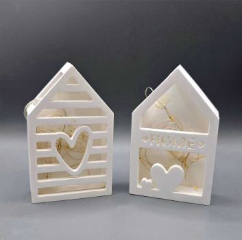 Deko - 2er Pack Lichthäuschen "Herz & Home" incl. LED-Lichterkette