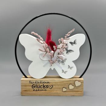 Deko - Schmetterling mit schwarzem Metallring & roten Blüten