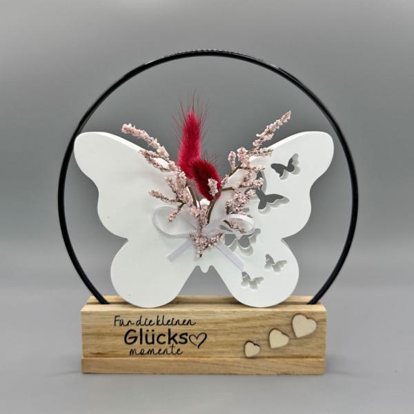 Deko - Schmetterling mit schwarzem Metallring & roten Blüten