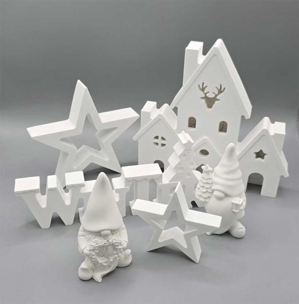 Deko Set: Lichterhaus groß mit LED-Beleuchtung, 2 Weihnachtswichtel "Tanne und Kranz", 2 Sterne sowie Schriftzug "Winter"